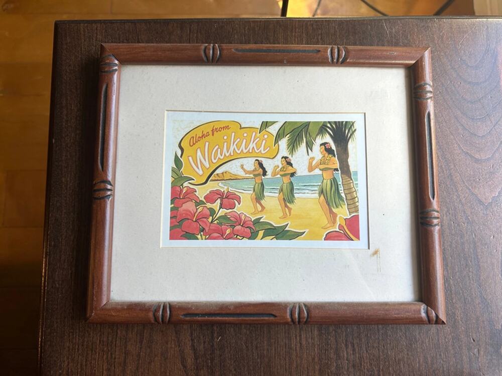 Vintage framed art print Aloha Waikiki Kerne Erickson hula dancers hibiscus